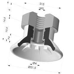 Ventosa plana, série 99, Ø 21,5 mm, com encaixe fêmea M5 e filtro.