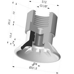 Ventosa plana, série 99, Ø 21,5 mm, com encaixe fêmea G1/8" e filtro.