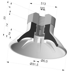 Ventosa plana, série 99, Ø 31,5 mm, com encaixe fêmea M5, filtro e bico.